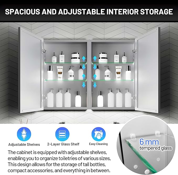 32 x 24 Medicine Cabinet Mirror for Bathroom,Assembly Required,Aluminum Alloy Frame,Surface-Mount Only,Mirrored Side Panel,Adjustable Shelves,Bathroom Medicine Cabinet with Mirror