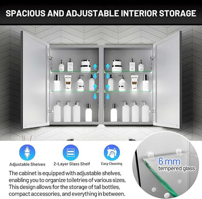 32 x 24 Medicine Cabinet Mirror for Bathroom,Assembly Required,Aluminum Alloy Frame,Surface-Mount Only,Mirrored Side Panel,Adjustable Shelves,Bathroom Medicine Cabinet with Mirror