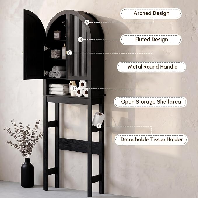 HMstone Over The Toilet Storage Cabinet, Arched Bathroom Organizer and Storage with Doors and Adjustable Shelf, Space-Saving Freestanding Bathroom Modern Storage Cabinet Over Toilet (Black)