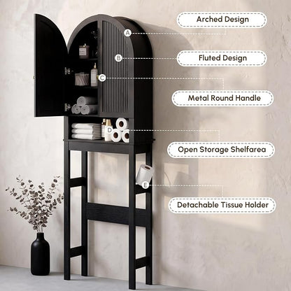 HMstone Over The Toilet Storage Cabinet, Arched Bathroom Organizer and Storage with Doors and Adjustable Shelf, Space-Saving Freestanding Bathroom Modern Storage Cabinet Over Toilet (Black)
