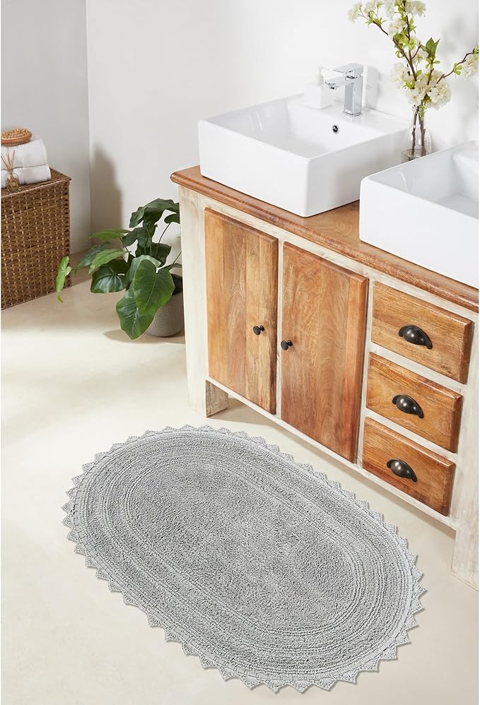 Better Trends Lilly Crochet 17x24 Oval Bath Rugs & Reversible Bath Rugs, Bath mats for Bathroom, Luxurious 100% Cotton Bath Rug & Water Absorbent Bathroom Mat- Grey Bath Matt