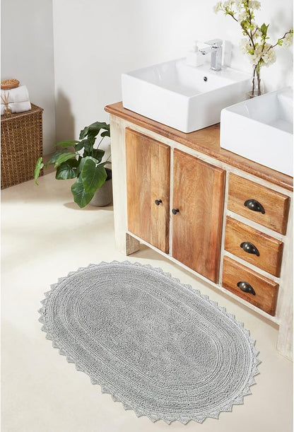 Better Trends Lilly Crochet 17x24 Oval Bath Rugs & Reversible Bath Rugs, Bath mats for Bathroom, Luxurious 100% Cotton Bath Rug & Water Absorbent Bathroom Mat- Grey Bath Matt