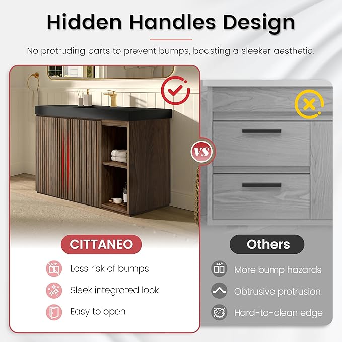48" Bathroom Vanity with Sink, Freestanding Single Sink Bathroom Vanity with Black Engineered Stone Top & Open Side Storage, Soft-Closing Doors with Adjustable Shelf, Walnut