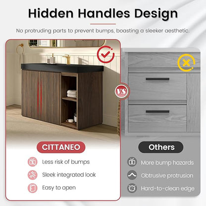 48" Bathroom Vanity with Sink, Freestanding Single Sink Bathroom Vanity with Black Engineered Stone Top & Open Side Storage, Soft-Closing Doors with Adjustable Shelf, Walnut