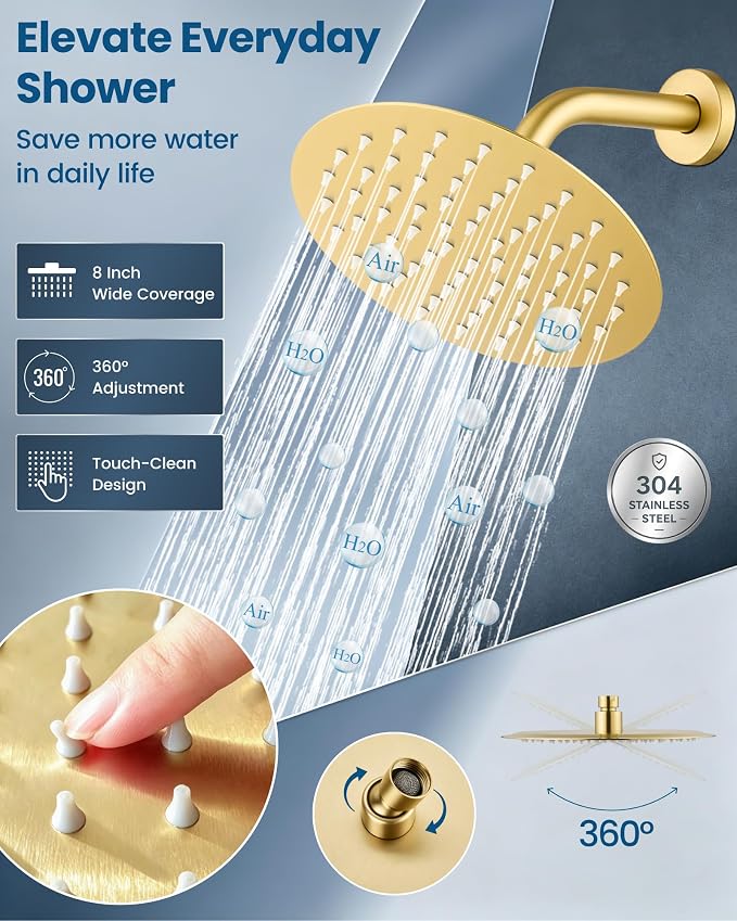 Airuida 8 Inch Brushed Gold Shower Faucet Set,Shower Valve Kit | Female Threads Rough-in Valve Shower Trim Kit,Single Handle Control Shower Set