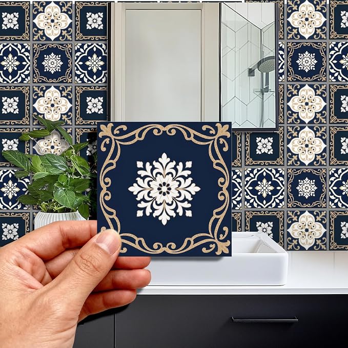 36 Pcs 4 Styles Retro Mosaic Patten Tile Sticker Blue Patten Wall Tile Stickers Waterproof Self Adhesive Stick on Decals for Kitchen Bathroom Wall Art 4×4 Inch