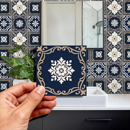 36 Pcs 4 Styles Retro Mosaic Patten Tile Sticker Blue Patten Wall Tile Stickers Waterproof Self Adhesive Stick on Decals for Kitchen Bathroom Wall Art 4×4 Inch