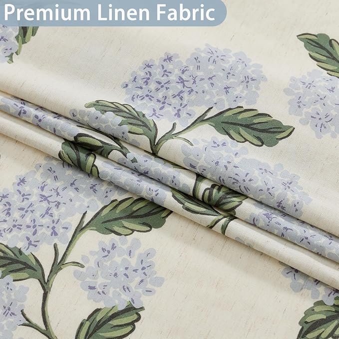ORTIGIA Linen Textured Ruffle Shower Curtain with Metal Hooks, Vintage Blue Floral Hydrangea Boho Waterproof Bath Curtain for Rustic Farmhouse Bathroom Decor 72x72 Inch