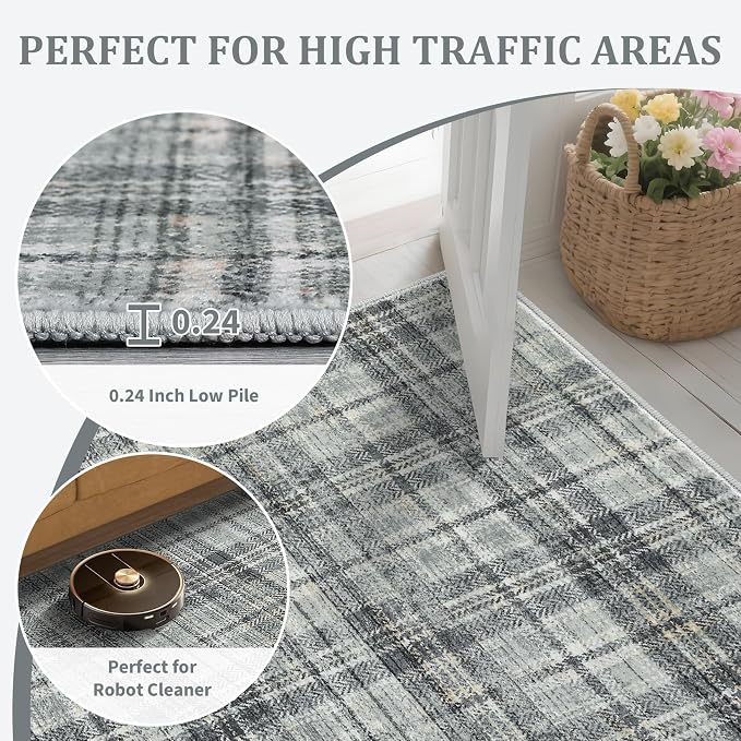 Washable Rugs 10 x 13 Rug for Living Room Soft Bedroom Rug Modern Plaid Large Area Rug Non Shedding Non Slip Throw Rugs Stain Resistant Carpet for Dining Room Nursery 10'x13' Greenish Grey