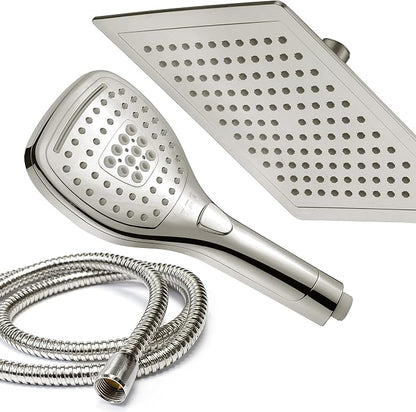 DreamSpa Ultra-Luxury 9-inch Square Rainfall & Handheld Shower Head Combo | Enjoy Extra-wide Flow Coverage and Convenient Push-button Hand Shower Mode Control. Premium Stainless Steel Hose / Nickel