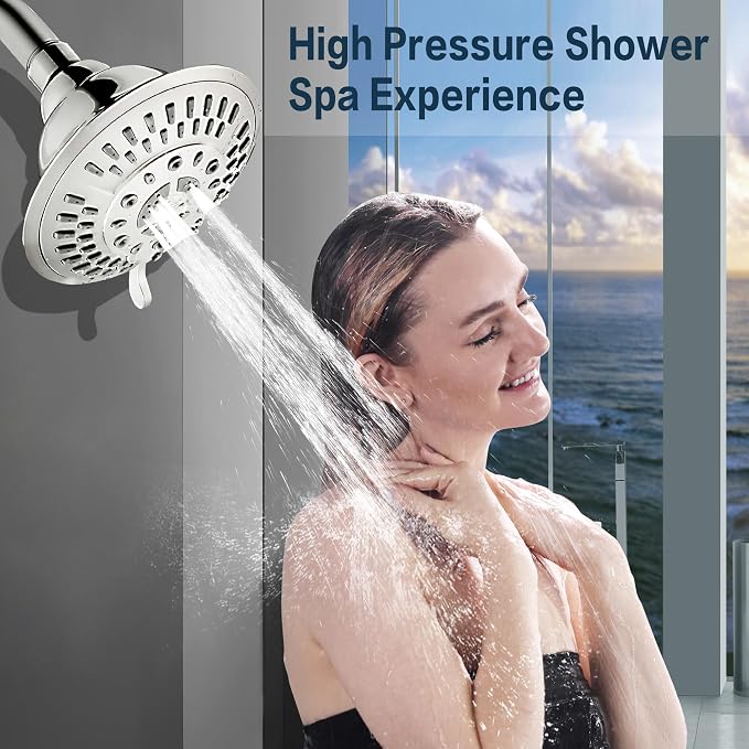BRIGHT SHOWERS High Pressure Rain Shower Head, Fixed Shower Head with 5 Spray Settings, Adjustable Angle and Anti-Clog Nozzles, Brushed Nickel