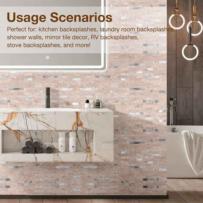Peel and Stick Backsplash Tile Waterproof Removable PVC Wall Sticker 3D Faux Stone Marble Brick White Accent Panels (Pink Marble - Metal Silver, 40 Tiles - 18 sq. ft. (1.68 m²))