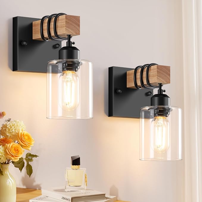 Set of 2 Wall Sconces for Bathroom, Farmhouse 1-Light Matte Black Bathroom Vanity Light with Clear Glass Shades, Indoor Wall Mount Lighting Fixtures for Bedroom Living Room Mirror Kitchen