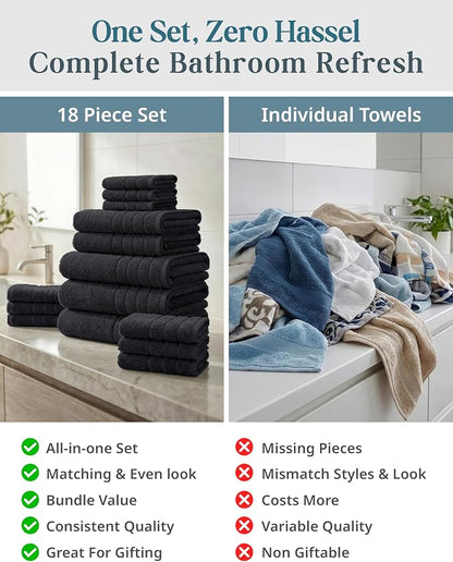Casa Platino Towel Set Soft Absorbent Quick Dry 100% Cotton - Black | Towels And Washcloths Sets - Lightweight & Breathable, Fade-Resistant Color, Classic Terry Weave, Densely Woven