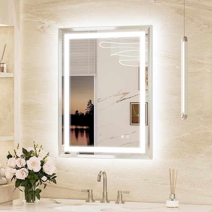 Keonjinn 24x32 Inch Brushed Nickel LED Bathroom Mirror with Lights | Frontlit & Backlit, Lighted Bathroom Mirror, HD Tempered Glass, 3 Color Temperatures, Anti-fog, Stepless Dimmable
