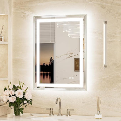 Keonjinn 24x32 Inch Brushed Nickel LED Bathroom Mirror with Lights | Frontlit & Backlit, Lighted Bathroom Mirror, HD Tempered Glass, 3 Color Temperatures, Anti-fog, Stepless Dimmable