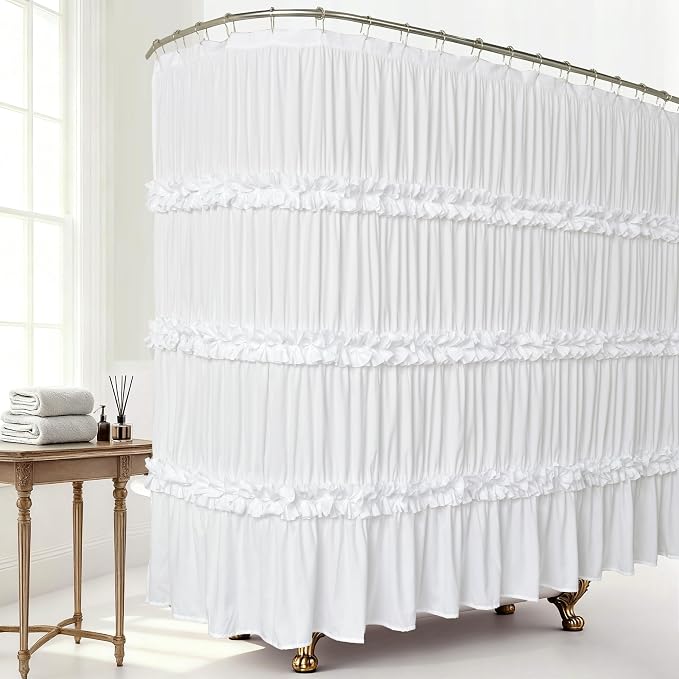 Homechoice Decor Extra Wide Shower Curtain 108"W x 72"L with 18 Buttonholes | Vintage Handcrafted Bow Tie Bath Curtain for Bathroom and Clawfoot Tub, Victorian Ruffle Bathroom Curtain, White (LQ-10)