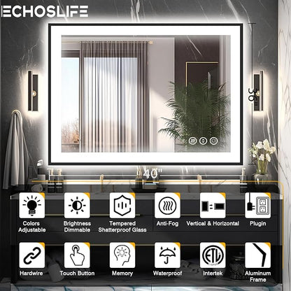 EchosLife 40x36 LED Bathroom Vanity Mirrors - Black Aluminum Edge | Black Frame, Front and Backlit, Anti-Fog, Stepless Dimmable, 3 Colors, Memory, Tempered Glass, UL Listed, Horizontal/Vertical