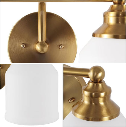 JONATHAN Y 14" Brass Gold/White Modern Farmhouse LED Vanity Light Wall Sconce Fixture, Frosted White Glass Shade, Dimmable Wall Lamp for Bathroom Mirror Kitchen Sink, UL Listed (JYL7550B)
