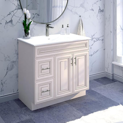 36" Antique White Bathroom Vanity Base – Ready-to-Assemble Sink Cabinet with Drawers, Freestanding Bathroom Vanity Base Only, No Top or Sink