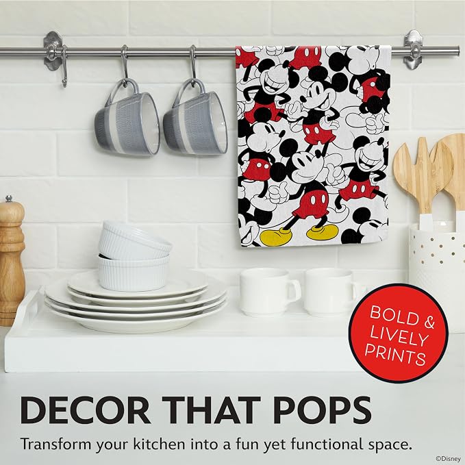 Disney Mickey Cotton Kitchen Towels, 2-Pack 16"x26", Absorbent | Durable, colorfast dish towels resist fraying, machine washable, dries dishes, hangs on oven handles, great for gifting