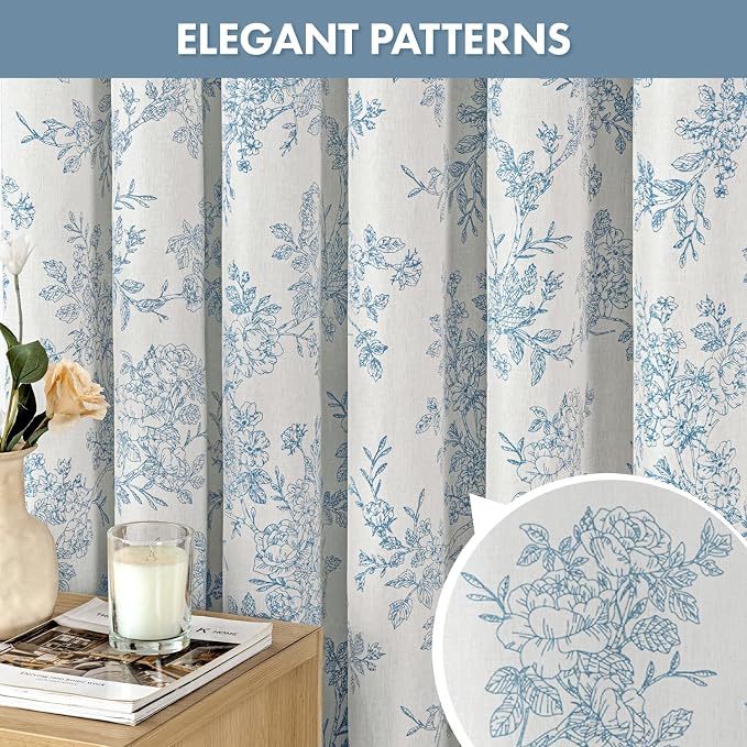 Extra Long Blue Floral Shower Curtain W72*L84 Inches Long | Linen Textured Fabric, 12 Rustproof Metal Hooks, Wrinkle Resistant Cloth, Machine Washable, Bathroom Decor for Cottage Core