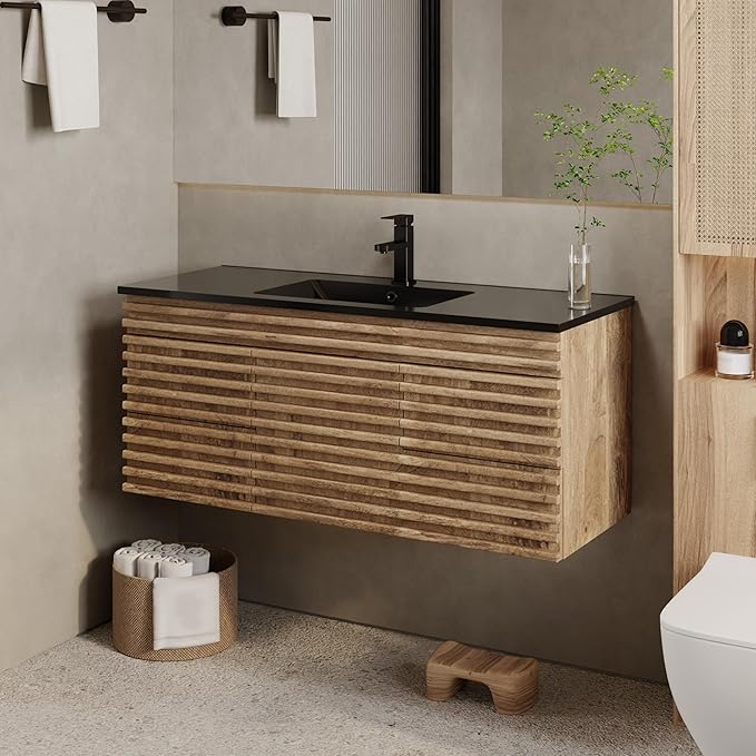eclife 48" Floating Bathroom Vanity with Sink Combo, Mid-Century Wall Mounted Cabinet with Wood Stripes Decor, Drawers, Undermount Single Black Sink, Faucet, Drain, Light Walnut