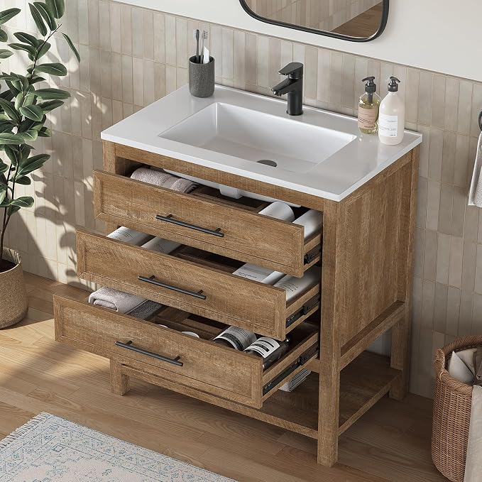 30 Inch Bathroom Vanity with Sink, Rustic Brown | Farmhouse Vanity Cabinet with durable SMC Resin Countertop, three soft-close full-extension drawers, and easy assembly