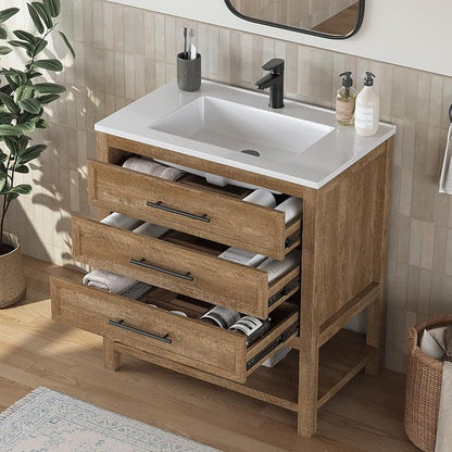 30 Inch Bathroom Vanity with Sink, Rustic Brown | Farmhouse Vanity Cabinet with durable SMC Resin Countertop, three soft-close full-extension drawers, and easy assembly