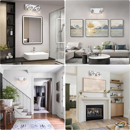 Bathroom Vanity Fixtures, 2 Light Matte Chrome Vanity Light with Clear Glass Shade, 15in Farmhouse wall Light, Lighting Fixture Over Mirror for Bathroom