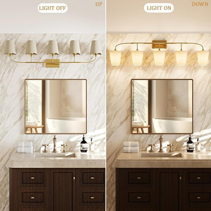 Morauroral Bathroom Light Fixtures Over Mirror, 5 Light Vanity Light for Bathroom, Gold Vanity Light Fixtures with Fabric Linen Shade, E26 Socket Sconce Wall Decor(ETL Listed)