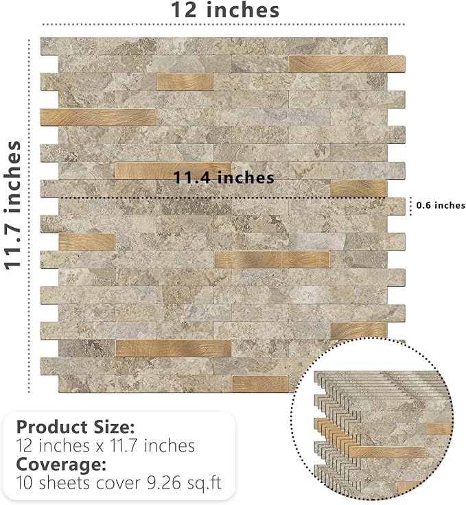 STICKGOO Peel and Stick Backsplash Tile, Stick on Backsplash for Kitchen and Bathroom, Stone Beige Marble Look PVC Mixed Metal Gold Self Adhesive Wall Tiles(Sample)