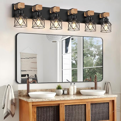 FadimiKoo 6-Light Bathroom Vanity Light, Bathroom Wall Lamps Over Mirror | Rustic Wood & Black Metal Shade, Wood Black Vanity Lights Over Mirror, Wall Sconces for Bathroom Bedroom Living Room