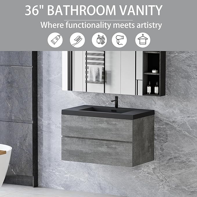 Floating Vanity Bathroom, 36 Inch Bathroom Vanity with Sink, Wall Mounted Single Sink Bathroom Vanity, Soft Closed 2 Drawers, Integrated Sink (Dark Birch)