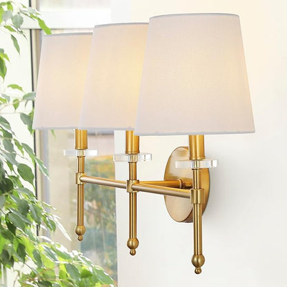 JONATHAN Y 23" Brass Gold Modern LED Wall Sconce, Midcentury Vanity Light for Bathroom Bedroom Hallway Decor, Iron Fixture with White Linen Empire Shade (JYL9921A)