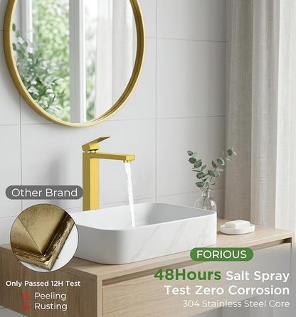 FORIOUS Vessel Sink Faucet Single Hole, Brushed Gold Tall Bathroom Faucets | Modern Tall Single Handle Space Saving Design, with Pop up Drain for Basin Bowl Vanity Lavatory Residential/Commercial Use