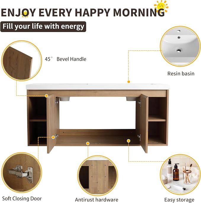 48" Wall Mounted Bathroom Vanity with Double Sink, Imitative Oak | 48 Inch Modern Floating Cabinet with Center Open Shelf & Soft-Close Doors, 2 Resin Basins