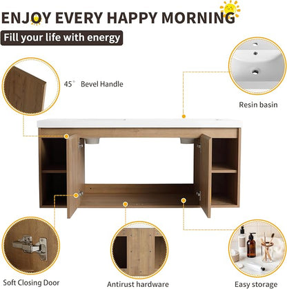 48" Wall Mounted Bathroom Vanity with Double Sink, Imitative Oak | 48 Inch Modern Floating Cabinet with Center Open Shelf & Soft-Close Doors, 2 Resin Basins