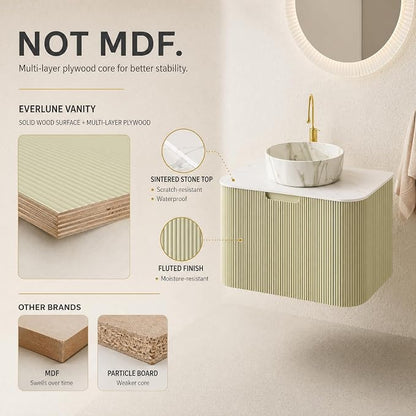 30 Inch Bathroom Vanity with Sink, Floating Wall Mounted Single Sink Vanity, Sage Green Curved Fluted Front, Stone Top, Marble-Look Round Vessel Basin, Pre-Assembled