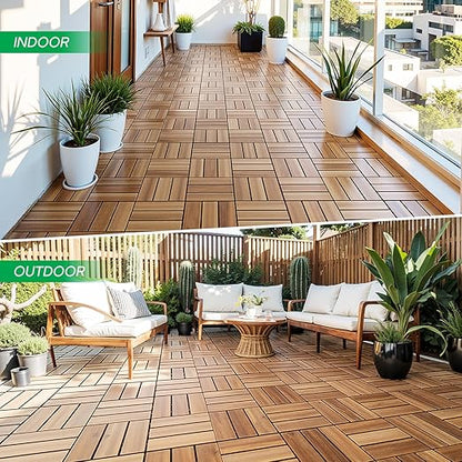 Idzo Interlocking Deck Tiles 9.6 SQFT - 10PCS Waterproof Acacia Wood Patio, Flooring Panels for Indoor and Outdoor - Decking Checker Pattern, 11.81 x 11.81 x 0.91 Inches, Golden