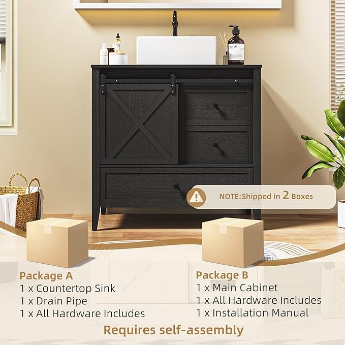 VNN Bathroom Vanity with Sink - 36 Inch Bathroom Vanity with Sink Ceramic, Freestanding Cabinet with Farmhouse Sliding Barn Door and 3 Drawers, Space-Saving Storage Cabinet, Wood Grain Texture, Black