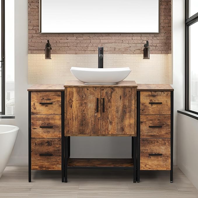 UEV 48" Rustic Brown Bathroom Vanity with Sink Combo,Industrial Iron Frame Bathroom Cabinet Sets with Double 3 Drawers Side Cabinet,Modern Artistic Ceramic Vessel Sink(032WH)