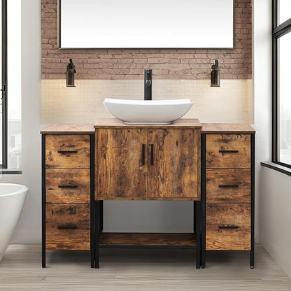 UEV 48" Rustic Brown Bathroom Vanity with Sink Combo,Industrial Iron Frame Bathroom Cabinet Sets with Double 3 Drawers Side Cabinet,Modern Artistic Ceramic Vessel Sink(032WH)