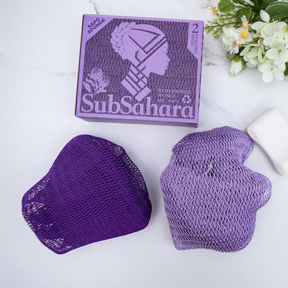Authentic African Net Sponge,2 Pack 45-In Exfoliating Bath Sponge and Shower Loofah for Body and Back,Colorfast Quick-Dry Knotted Mesh Scrubber with Travel Pouch(Deep purple&Iavender Purple)