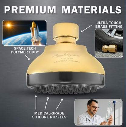 Aqua Elegante Pressure Boosting Shower Head - 2.5 GPM - Polished Brass | 3 Inch Wall Mount, Water Saving Showerhead, Best For Low Flow Showers With Anti-Clog Nozzles & Adjustable Brass Fitting