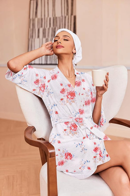 Ekouaer Robes for Women Waffle Knit Bathrobe Soft Lightweight Knee Length Loungewear S-XXL
