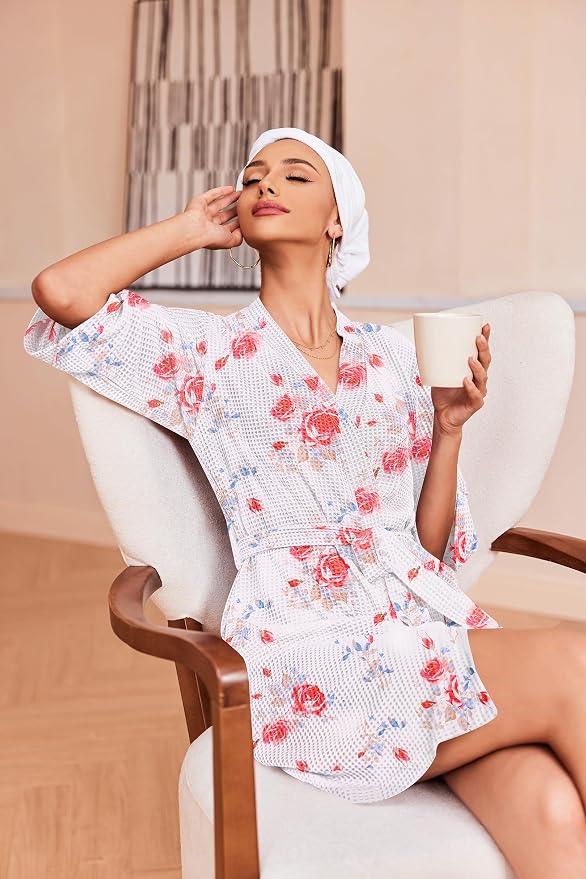 Ekouaer Robes for Women Waffle Knit Bathrobe Soft Lightweight Knee Length Loungewear S-XXL