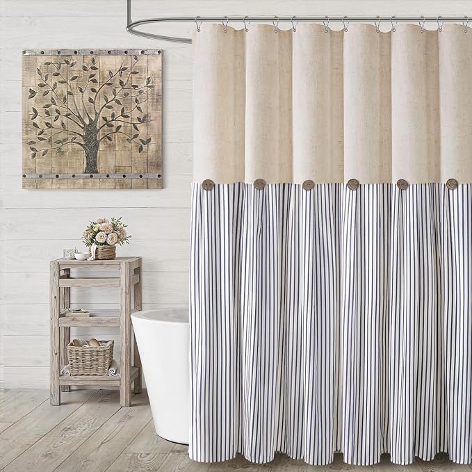 Farmhouse Shower Curtain Linen Button Blue Stripe 72" W x 72" L | Farmhouse Style, Chic Button, Striped, Linen Fabric, Rustic, Country, Natural Look, Washable, for Bathroom Bathtub