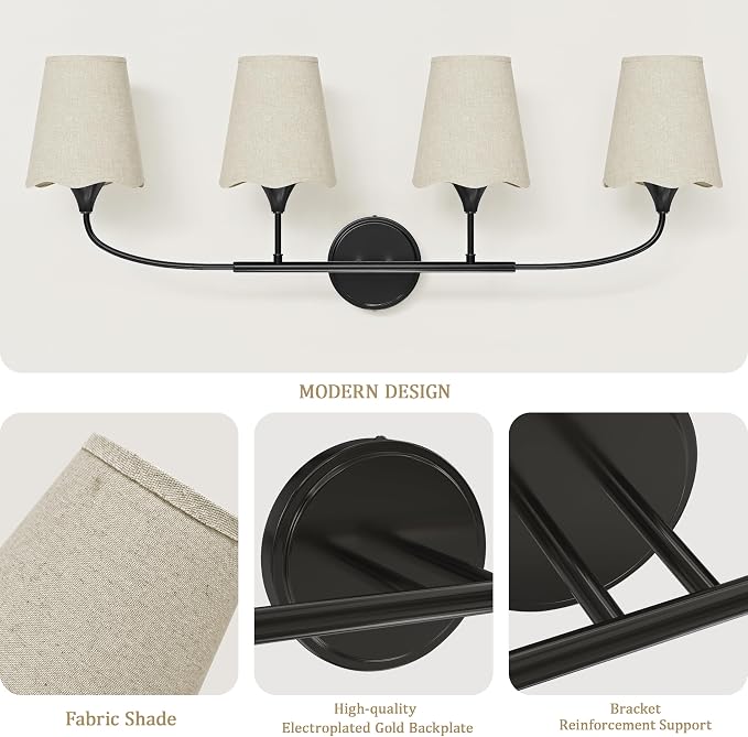 Morauroral Bathroom Light Fixtures Over Mirror, 4 Light Vanity Light for Bathroom, Black Vanity Light Fixtures with Fabric Linen Shade, E26 Socket Sconce Wall Decor(ETL Listed)