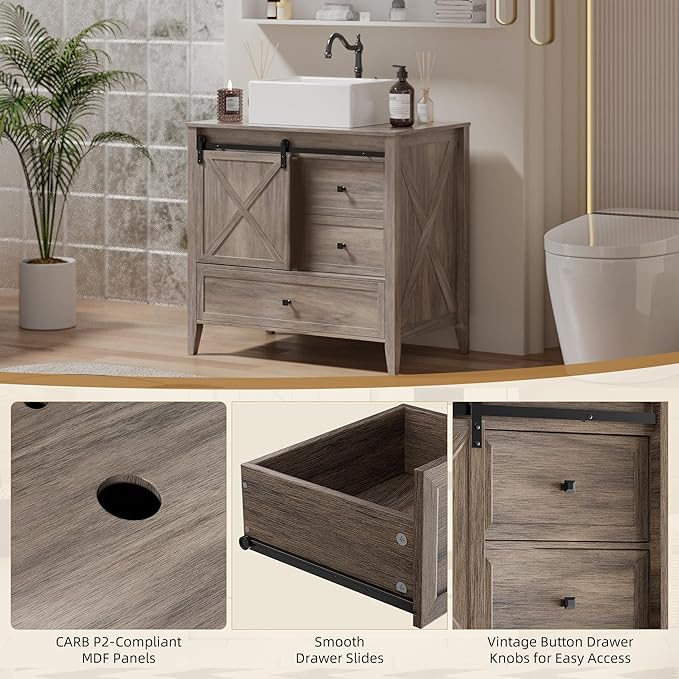 VNN Bathroom Vanity with Sink - 36 Inch Bathroom Vanity with Sink Ceramic, Freestanding Cabinet with Farmhouse Sliding Barn Door and 3 Drawers, Space-Saving Storage Cabinet, Wood Grain Texture, Grey